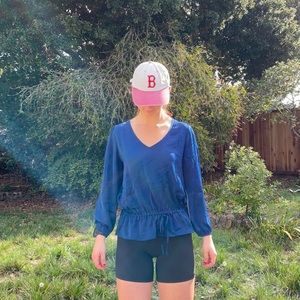 Royal Blue Cinched Waist V-neck Blouse